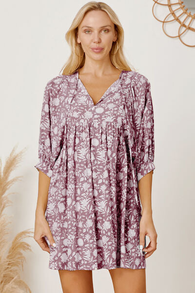 swvws Floral Tie Neck Ruched Babydoll Dress