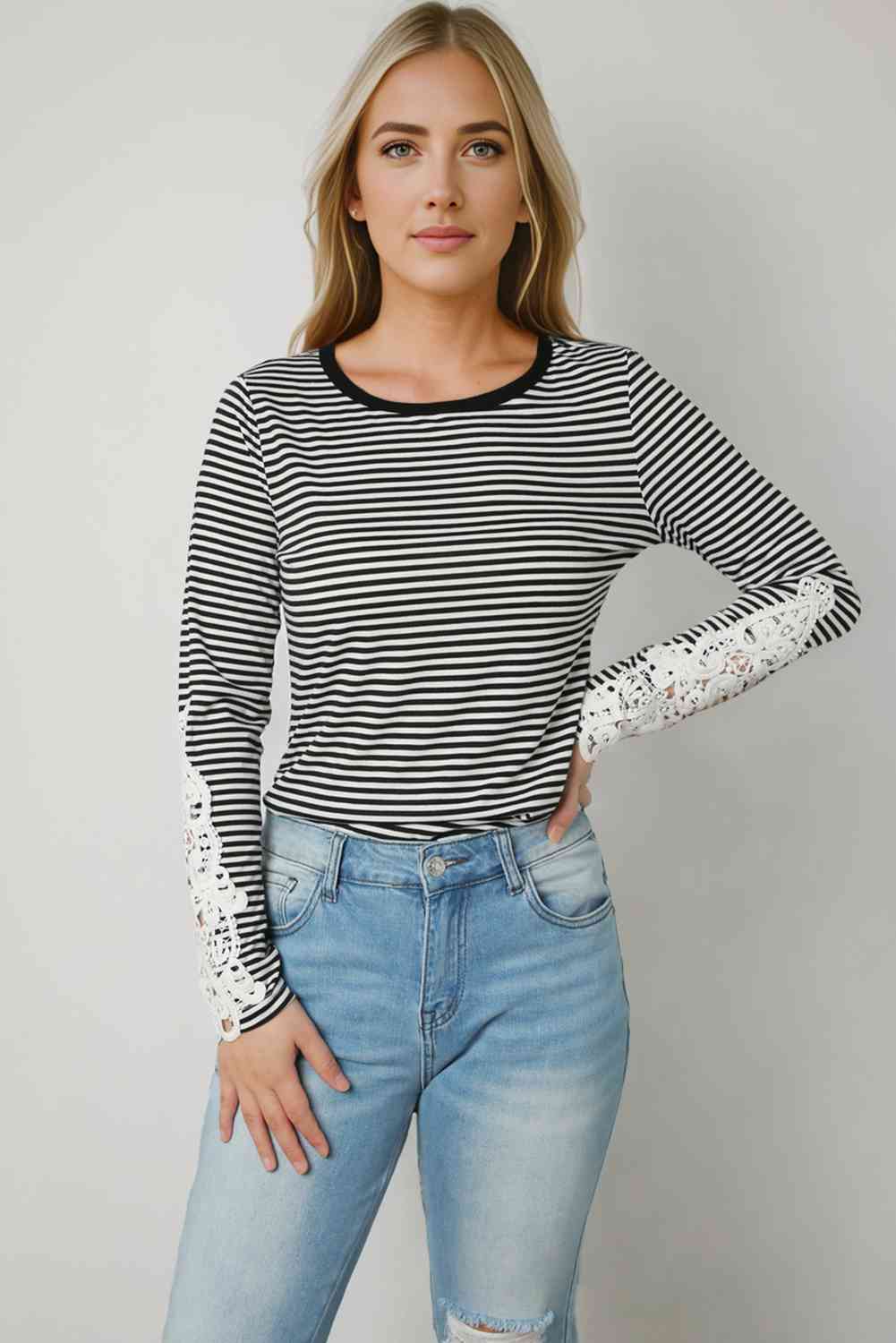 swvws Striped Round Neck Long Sleeve Lace Trim T-Shirt