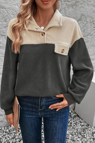 swvws Color Block Quarter Button Dropped Shoulder Sweatshirt