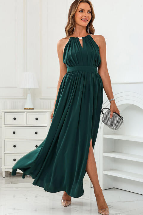 swvws Cutout Ruched Slit Sleeveless Dress