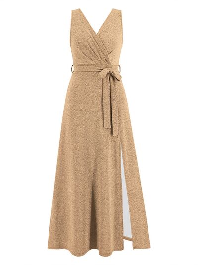 swvws Slit Surplice Tie Waist Sleeveless Dress