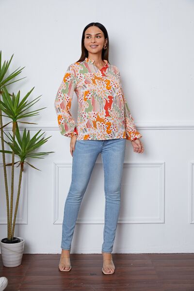 swvws Floral Frill Notched Long Sleeve Blouse