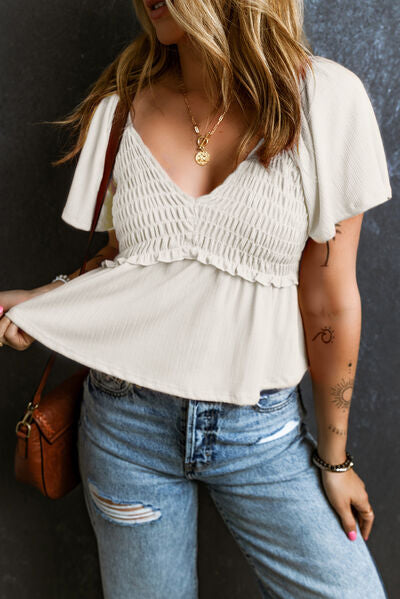 swvws Frill Ruched V-Neck Short Sleeve Blouse