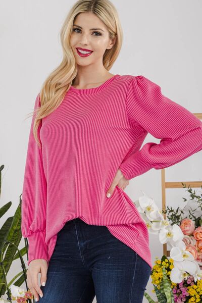 swvws Celeste Full Size Striped Round Neck Lantern Sleeve Top