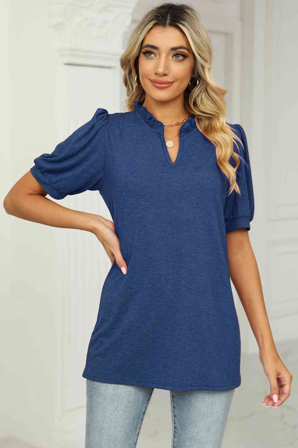 swvws Notched Neck Puff Sleeve T-Shirt