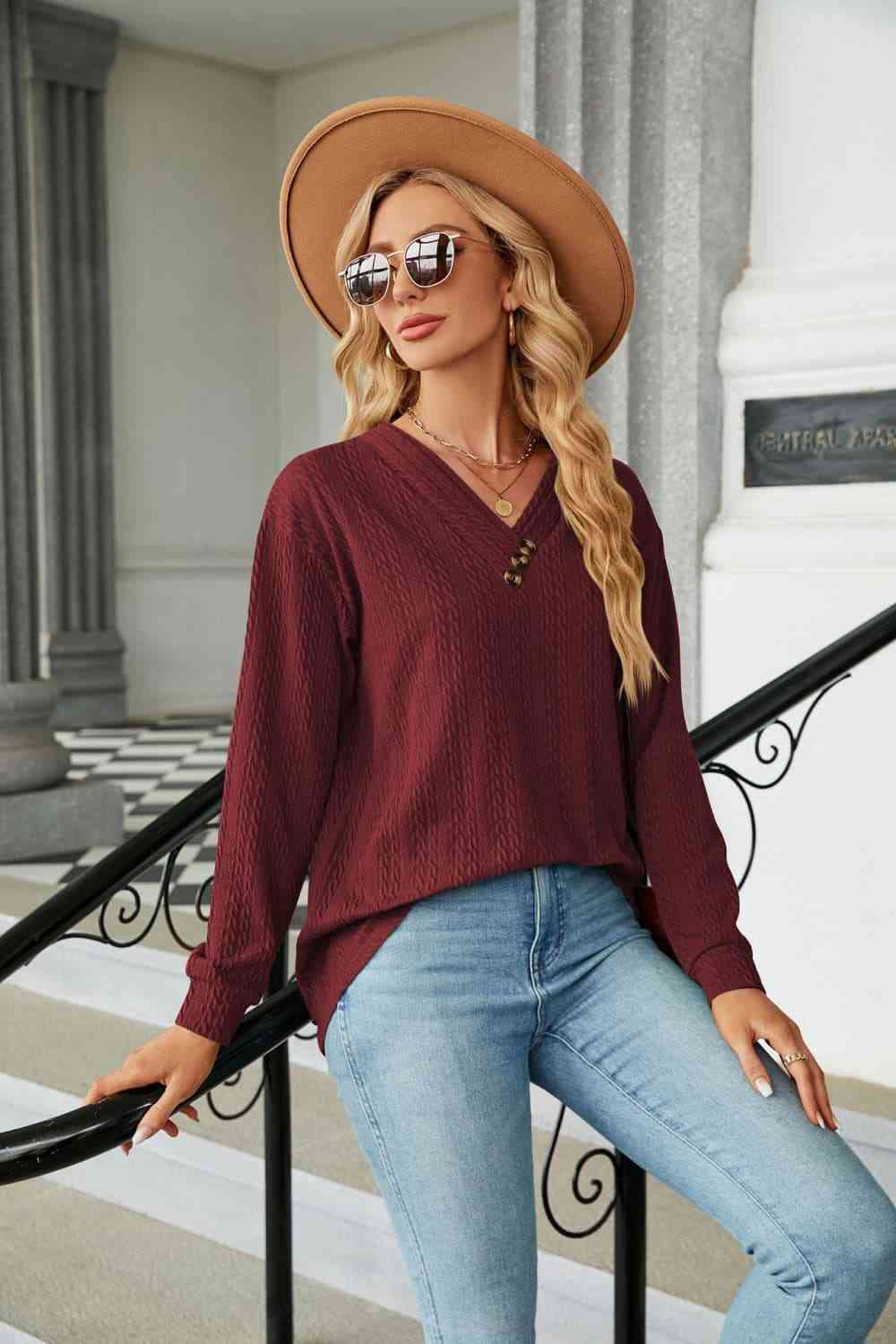 swvws Decorative Button V-Neck Long Sleeve T-Shirt