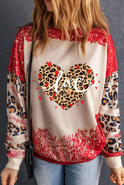 swvws LOVE Heart Leopard Round Neck Sweatshirt