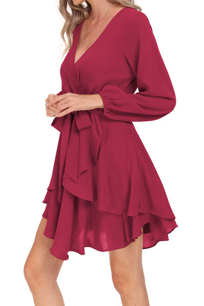 swvws Tied Surplice Balloon Sleeve Layered Dress