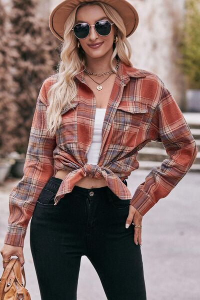 swvws Pocketed Plaid Button Up Dropped Shoulder Shirt