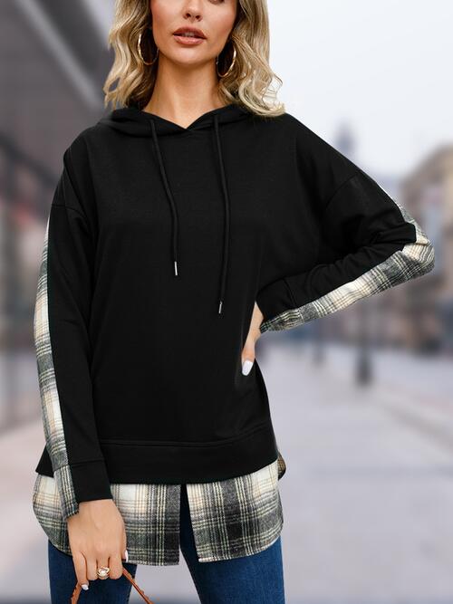 swvws Plaid Drawstring Long Sleeve Slit Hoodie