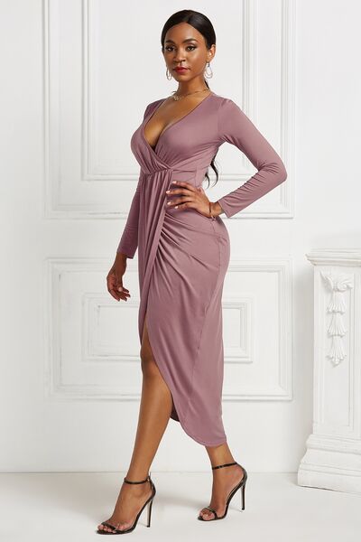 swvws High-low Ruched Surplice Long Sleeve Dress