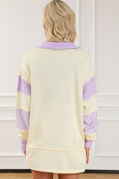 swvws Striped Contrast Johnny Collar Dropped Shoulder Sweatshirt