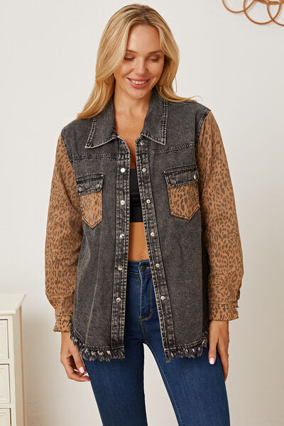 swvws Leopard Raw Hem Pocketed Denim Jacket