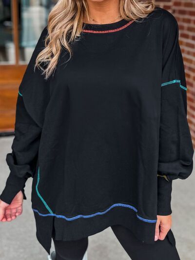 swvws Slit Round Neck Lantern Sleeve Sweatshirt