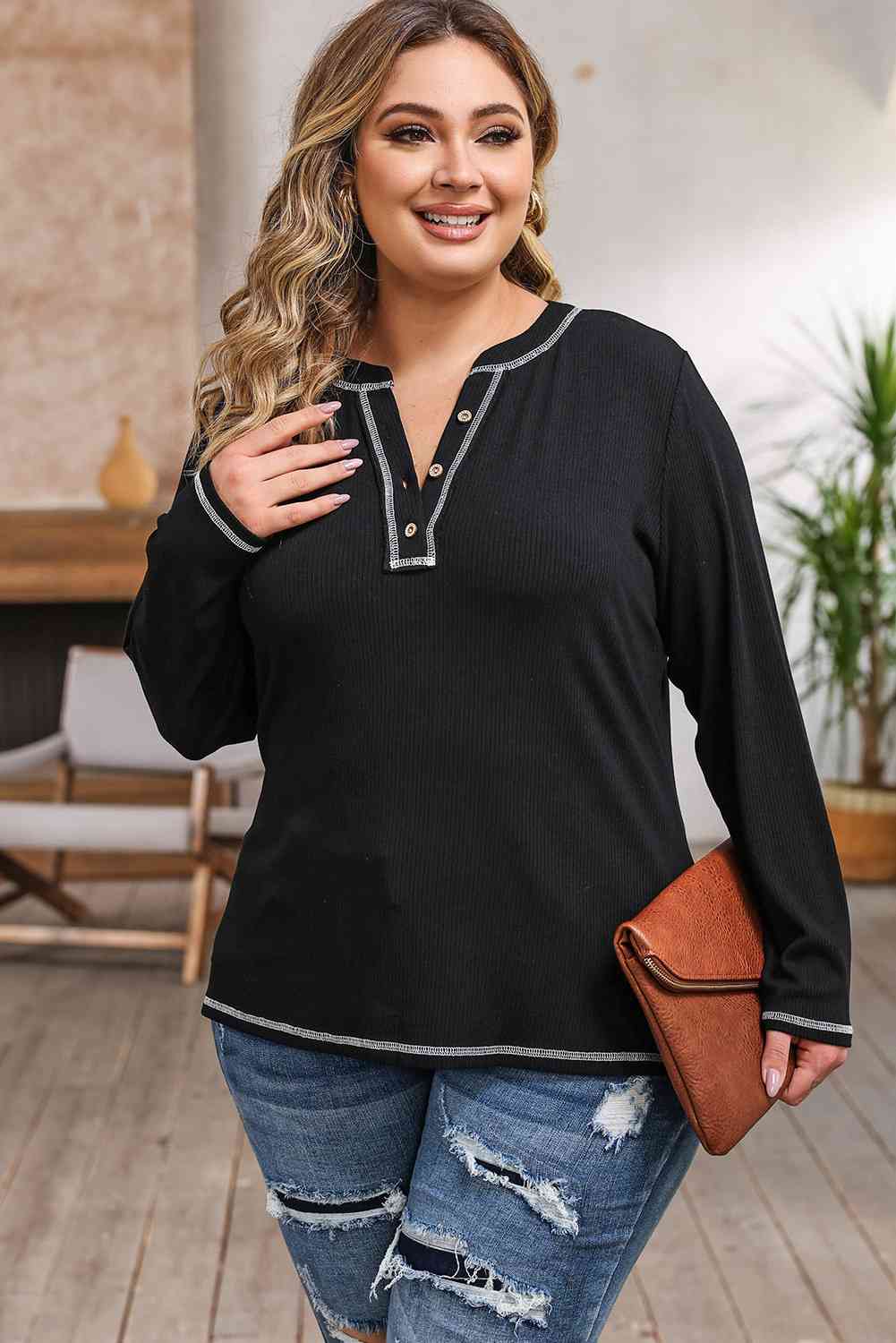 swvws Plus Size Notched Neck Long Sleeve T-Shirt