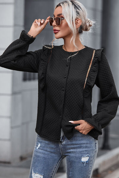 swvws Ruffled Button Up Round Neck Shirt