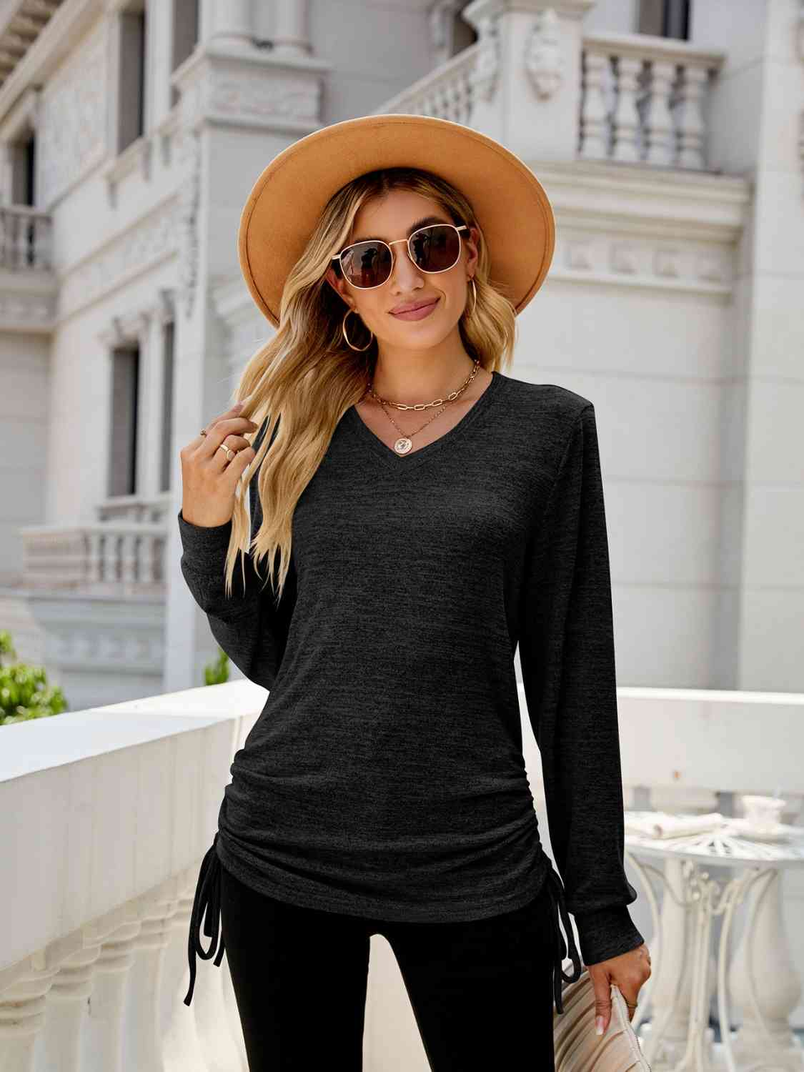 swvws Drawstring V-Neck Long Sleeve T-Shirt