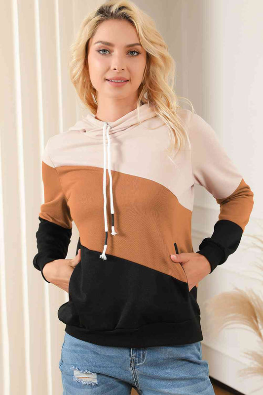 swvws Color Block Drawstring Hoodie with Pockets