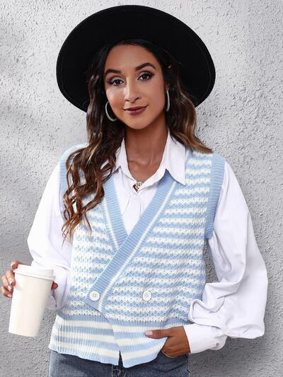 swvws Striped Button Up V-Neck Sweater Vest