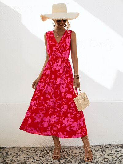 swvws Tied Printed Surplice Tiered Dress