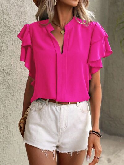 swvws Ruffled Notched Short Sleeve Blouse