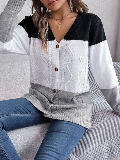 swvws Cable-Knit Striped Button Up Cardigan