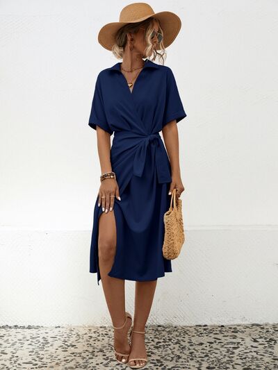 swvws Tied Slit Short Sleeve Dress