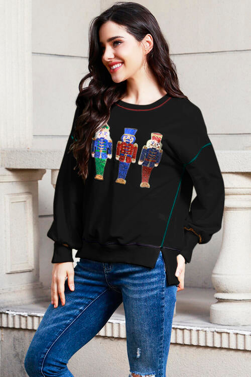 swvws Sequin Nutcracker Round Neck Slit Sweatshirt