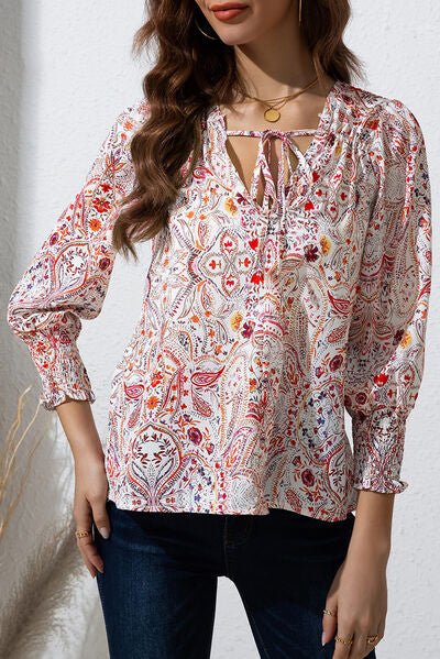 swvws Printed Tie Neck Long Sleeve Blouse