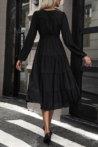 swvws Tiered Ruched Button Up Midi Dress