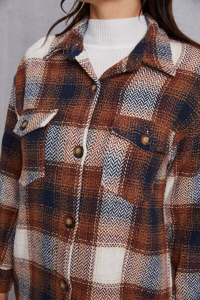 swvws Plaid Button Up Dropped Shoulder Coat with Pockets