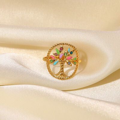 swvws Tree Shape Inlaid Zircon 18K Gold-Plated Ring