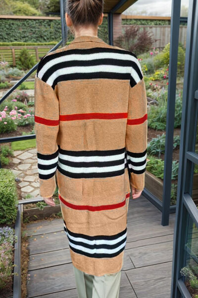 swvws Striped Open Front Long Sleeve Longline Sweater Cardigan