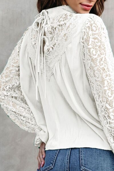 swvws Lace Detail Mock Neck Flounce Sleeve Blouse