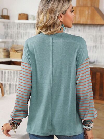 swvws Round Neck Striped Long Sleeve Slit T-Shirt