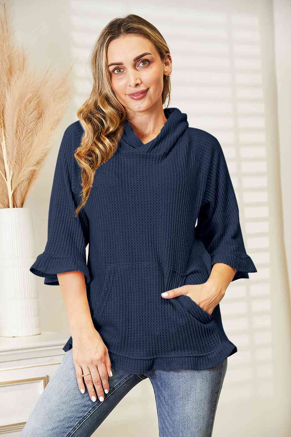 swvws Full Size Waffle-Knit Ruffle Hem Hoodie