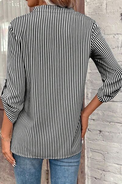 swvws Striped Notched Roll-Tab Sleeve Shirt