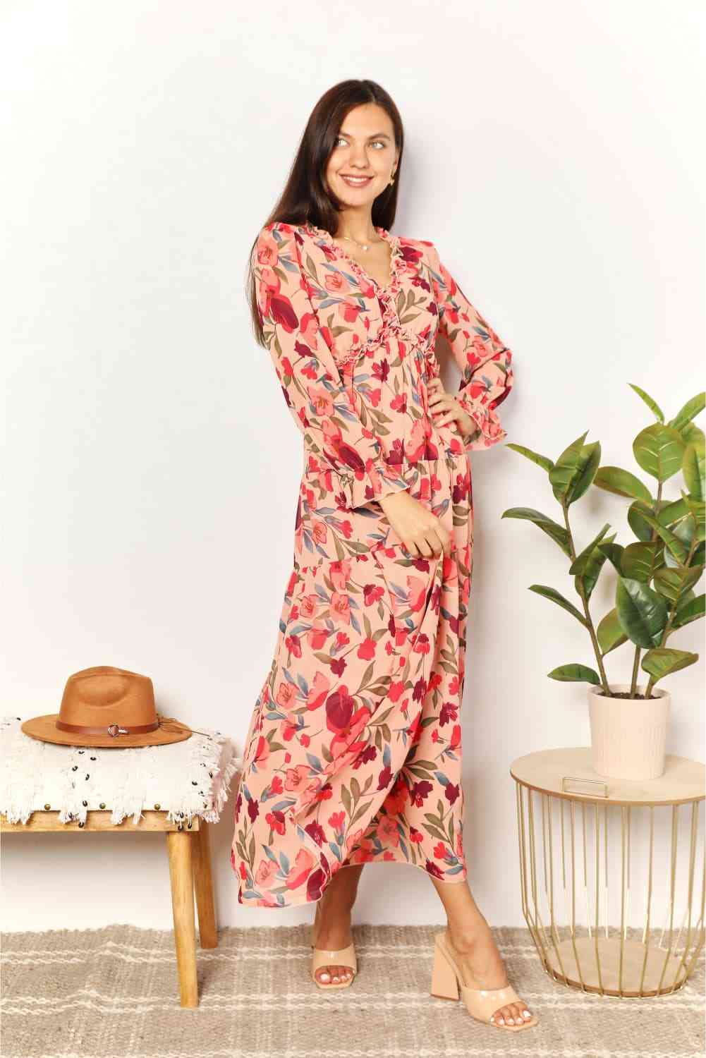 swvws Double Take Floral Frill Trim Flounce Sleeve Plunge Maxi Dress