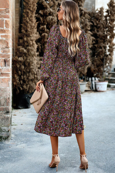 swvws Printed Balloon Sleeve Pocketed Midi Dress