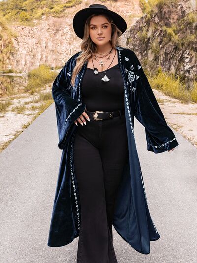 swvws Plus Size Embroidery Open Front Long Sleeve Cardigan