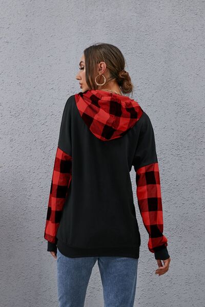 swvws Plaid Drawstring Dropped Shoulder Hoodie