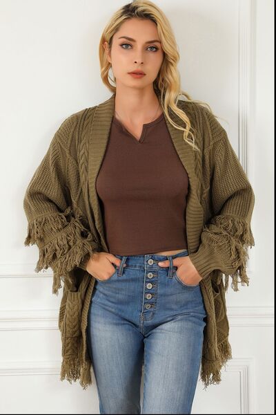 swvws Cable-Knit Fringe Pocketed Cardigan