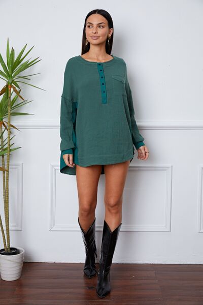 swvws Half Button Up Round Neck Blouse