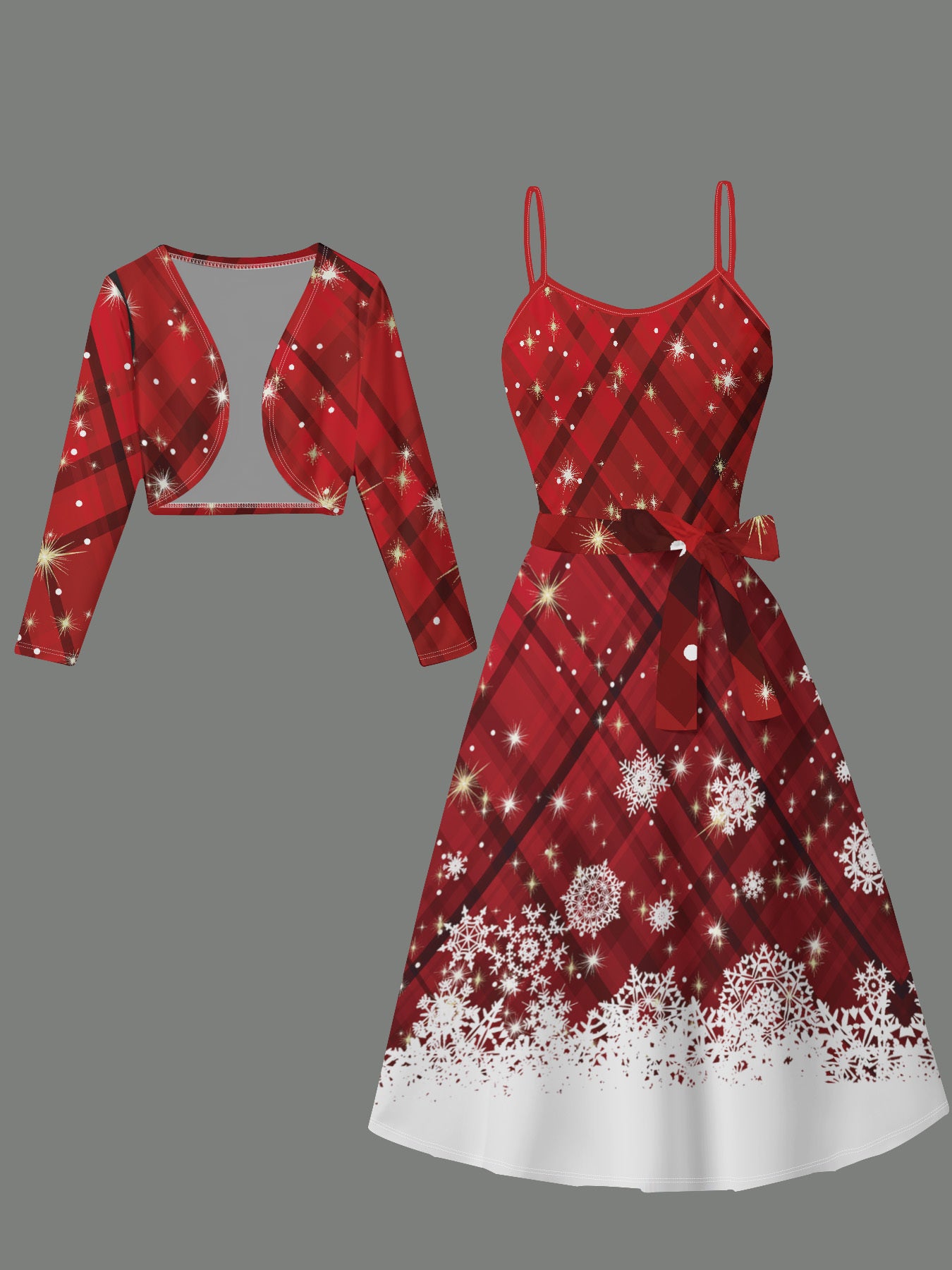 Elegant Christmas Women'S Dress Suit - Knitted Fabric Polyester Blend with Spandex, Long Sleeve Cardigan & Spaghetti Strap Dress with Snowflake Print and Belt Detail, All-Season Festive Collection