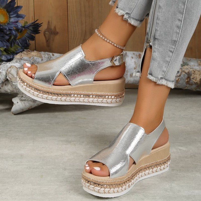 swvws - Gold Casual Hollowed Out Patchwork Fish Mouth Out Door Wedges Shoes (Heel Height 1.97in)