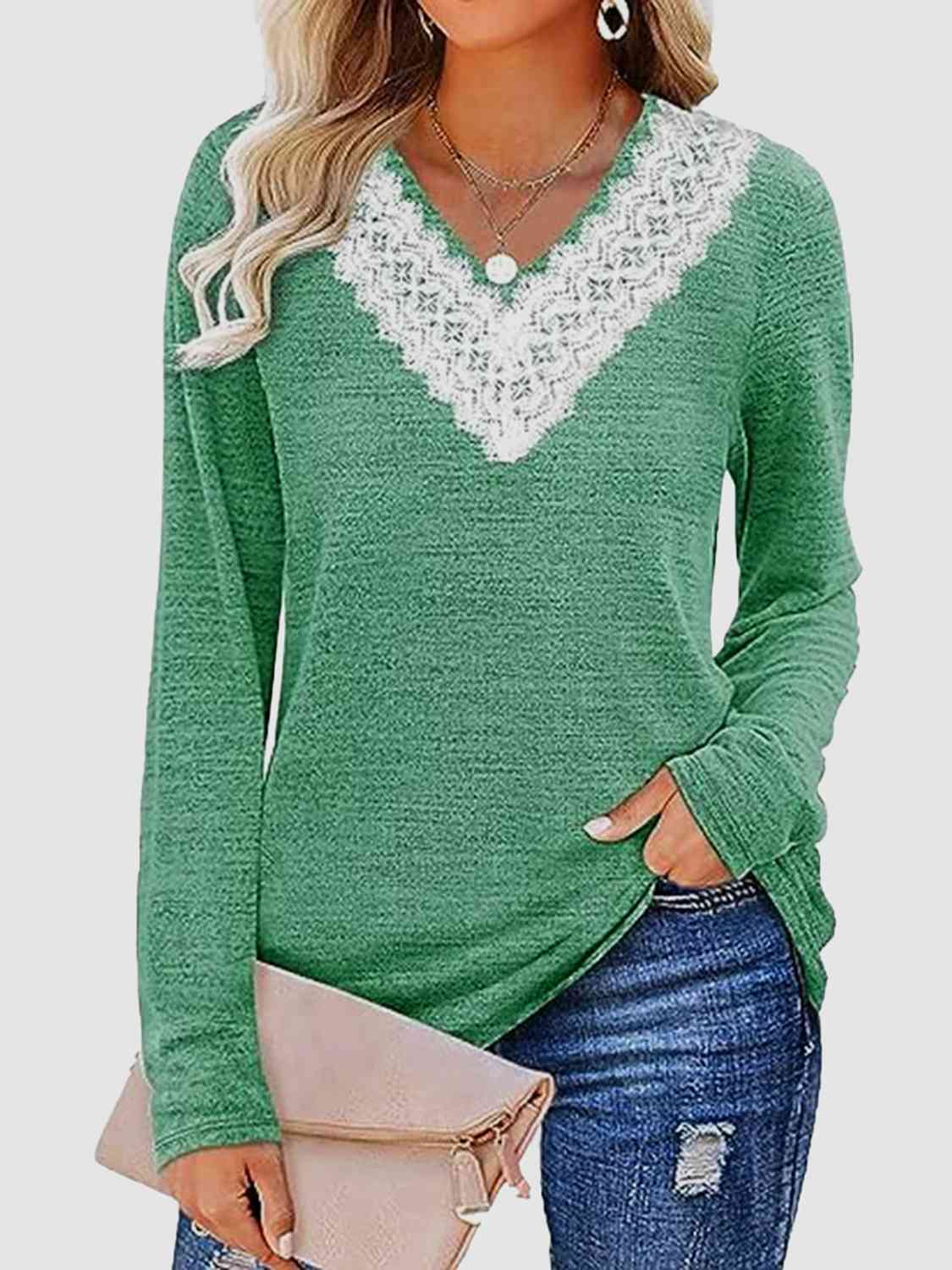 swvws Lace Detail V-Neck Long Sleeve Top