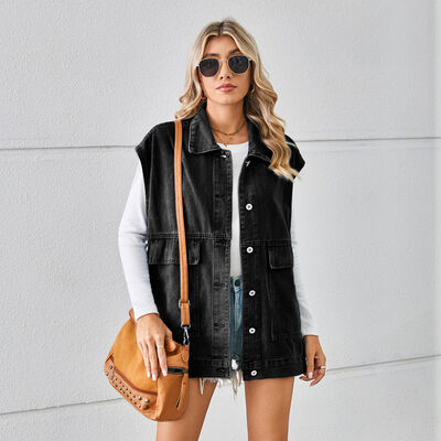 swvws Pocketed Button Up Sleeveless Denim Jacket