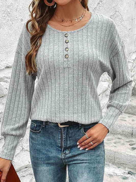 swvws Decorative Button Round Neck Top