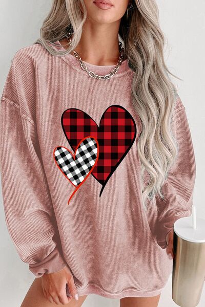 swvws Heart Round Neck Dropped Shoulder Sweatshirt