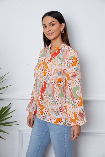 swvws Floral Frill Notched Long Sleeve Blouse